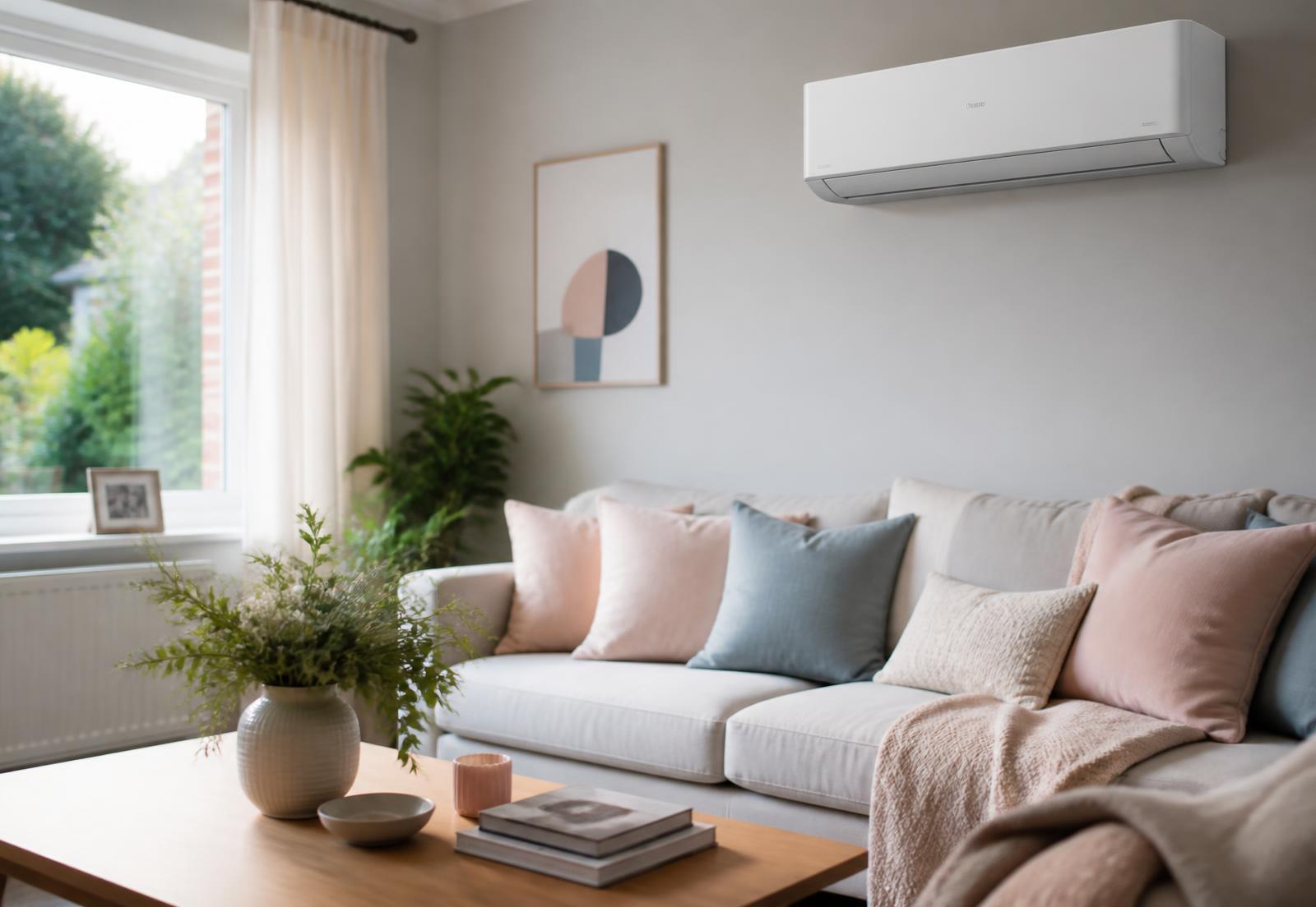 Bright living room with a wall-mounted air conditioning unit above the sofa